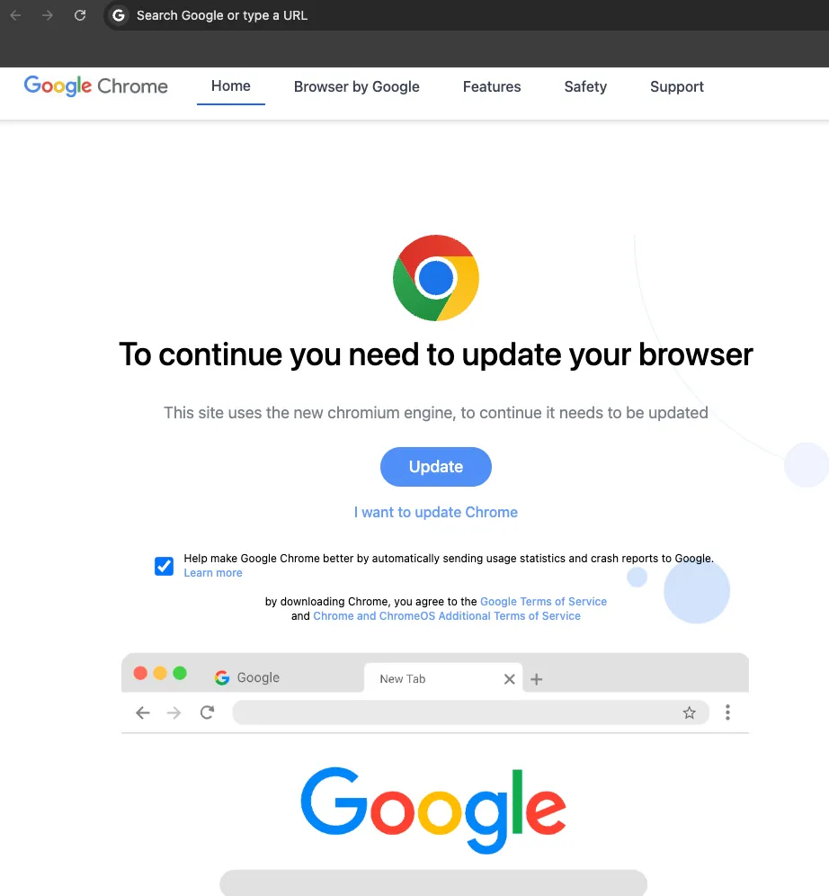 Hình ảnh minh họa trang thông báo cập nhật Google Chrome giả mạo, một chiêu lừa đảo phổ biến để phát tán mã độc.