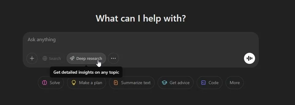 Hình ảnh minh họa vị trí tính năng Deep Research trong ứng dụng web của ChatGPT