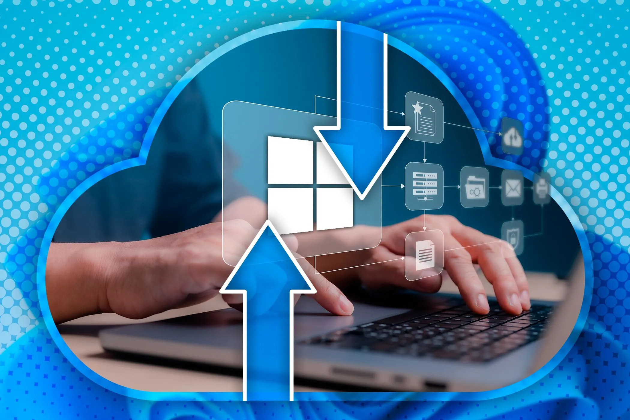 Hình ảnh mô tả việc sao lưu dữ liệu trên laptop với các biểu tượng đám mây và ổ đĩa, nhấn mạnh sự cần thiết của việc sao lưu định kỳ để chống lại ransomware.