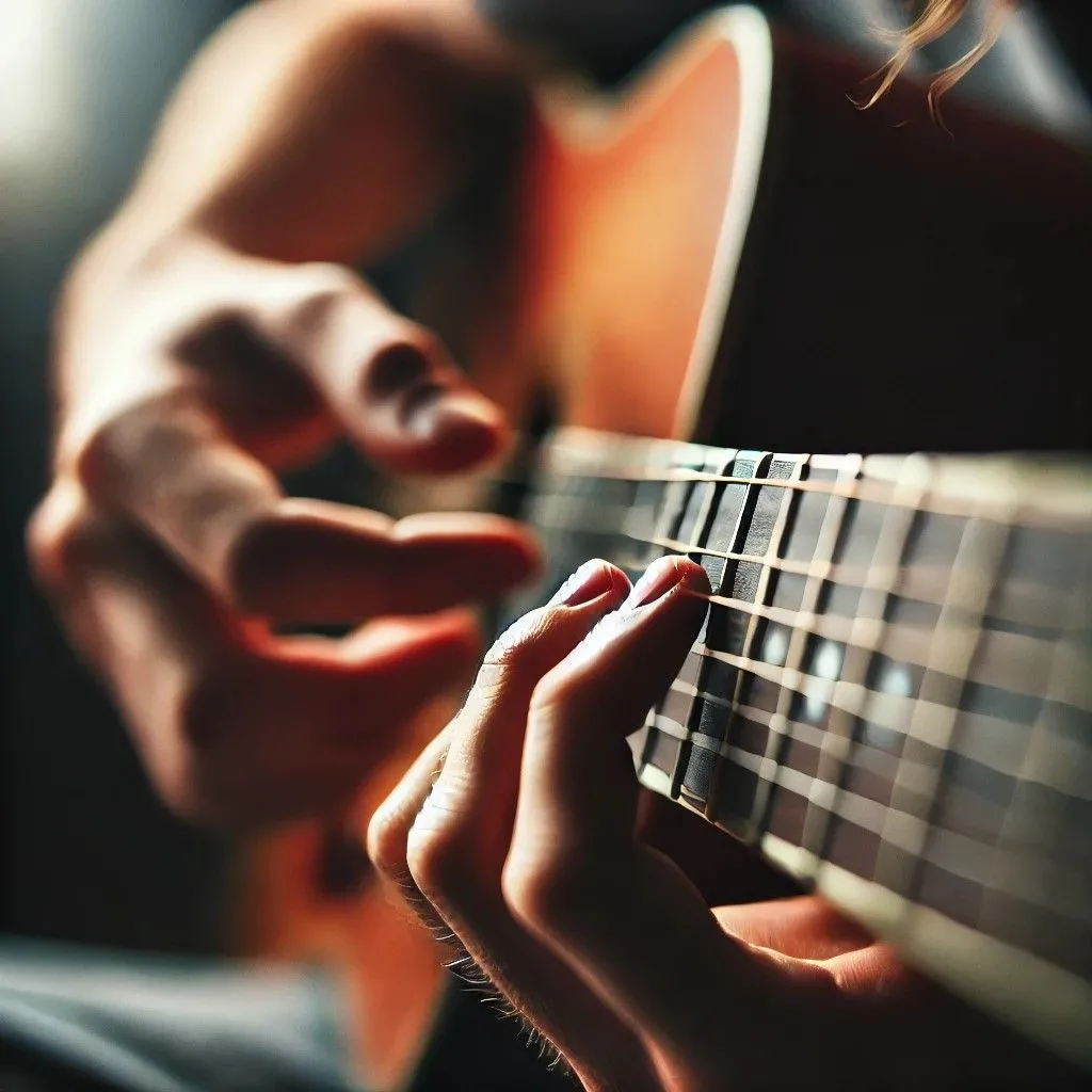 Hình ảnh một bàn tay chơi hợp âm E thứ trên đàn guitar, tạo bởi DALL-E với lỗi ngón tay và dây đàn không chính xác