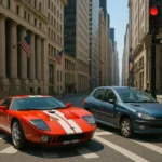 Hình ảnh một chiếc Ford GT 2006 màu vàng và Peugeot 206 tại đèn giao thông, được tạo bởi trình tạo ảnh AI của ChatGPT.