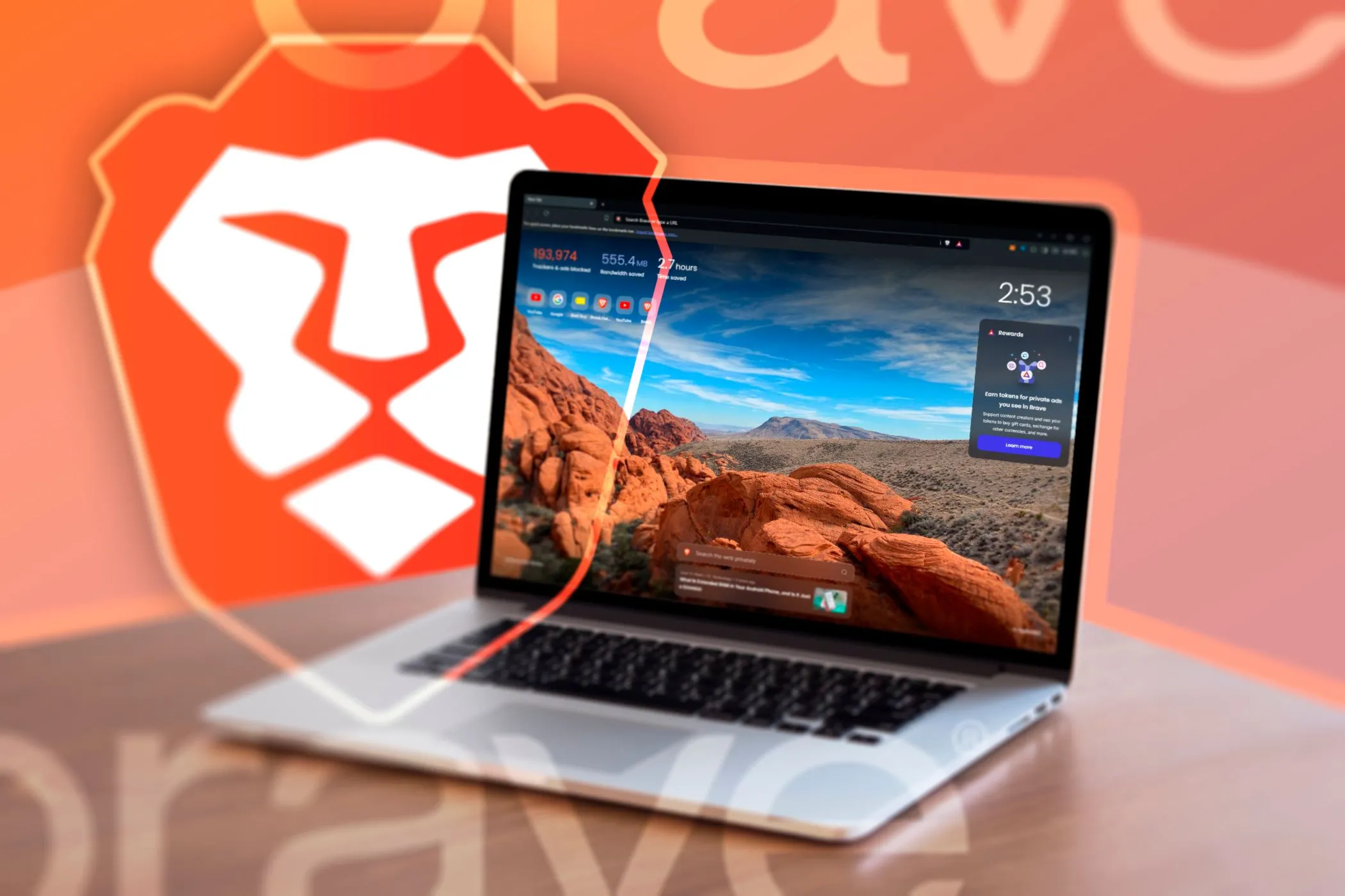 Hình ảnh một chiếc laptop hiển thị trình duyệt Brave đang mở cùng với logo Brave ở nền