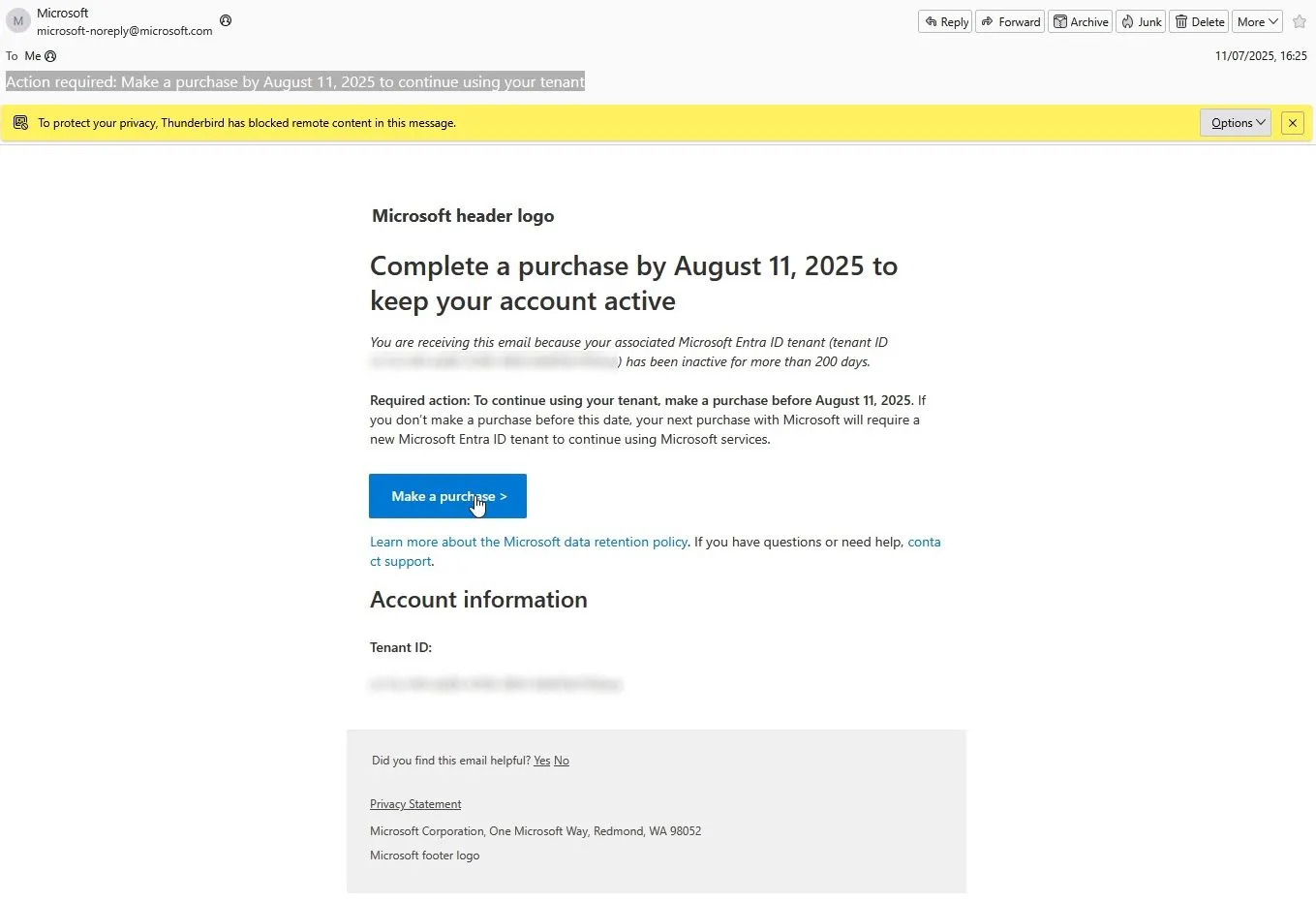 Hình ảnh một email từ Microsoft Entra ID với nội dung cảnh báo về tài khoản không hoạt động, được làm mờ để bảo vệ thông tin.