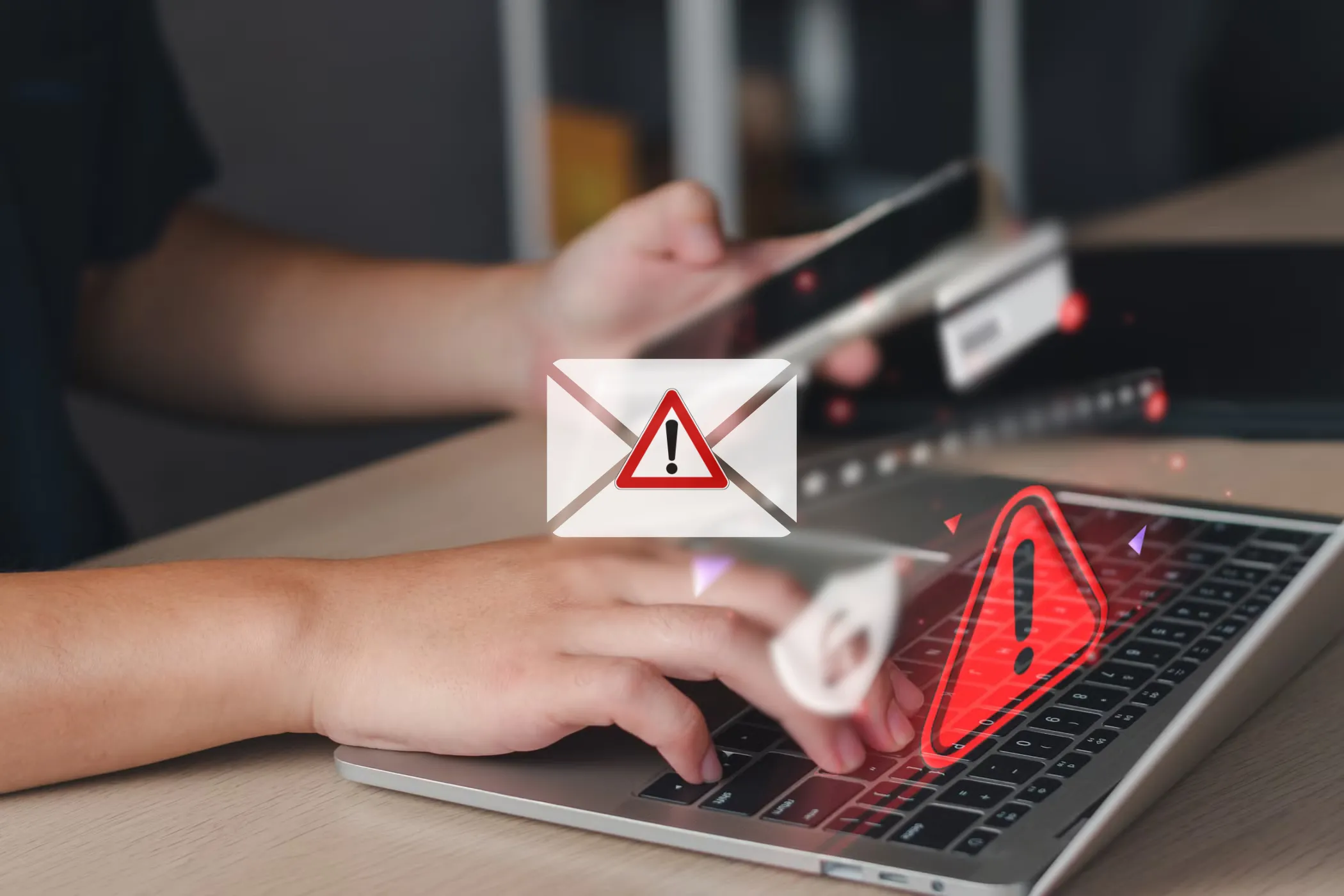 Hình ảnh một người dùng khóa màn hình laptop, biểu tượng email lừa đảo xuất hiện, nhấn mạnh tầm quan trọng của việc khóa thiết bị để bảo vệ mật khẩu và dữ liệu.