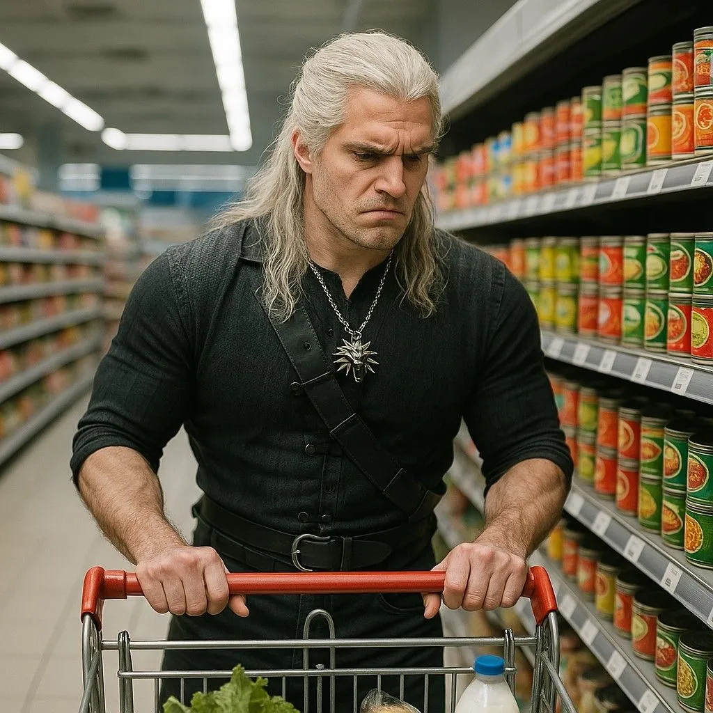 Hình ảnh người đàn ông giống Geralt of Rivia cau mày nhìn đồ hộp trong siêu thị hiện đại, do ChatGPT 4o tạo ra với độ chân thực cao