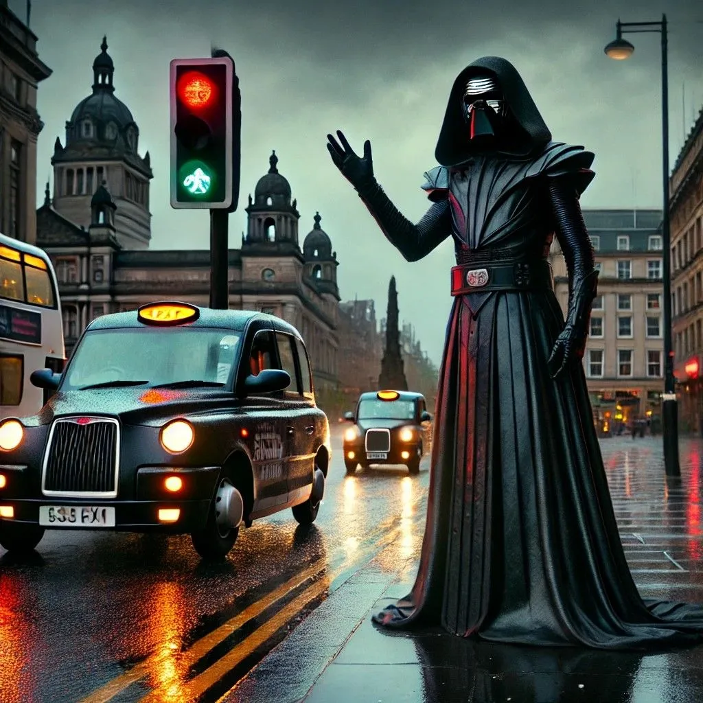 Hình ảnh nhân vật giống Sith Lord đứng tại Quảng trường George, Glasgow do DALL-E tạo, với phong cách không thực tế và thiếu chi tiết