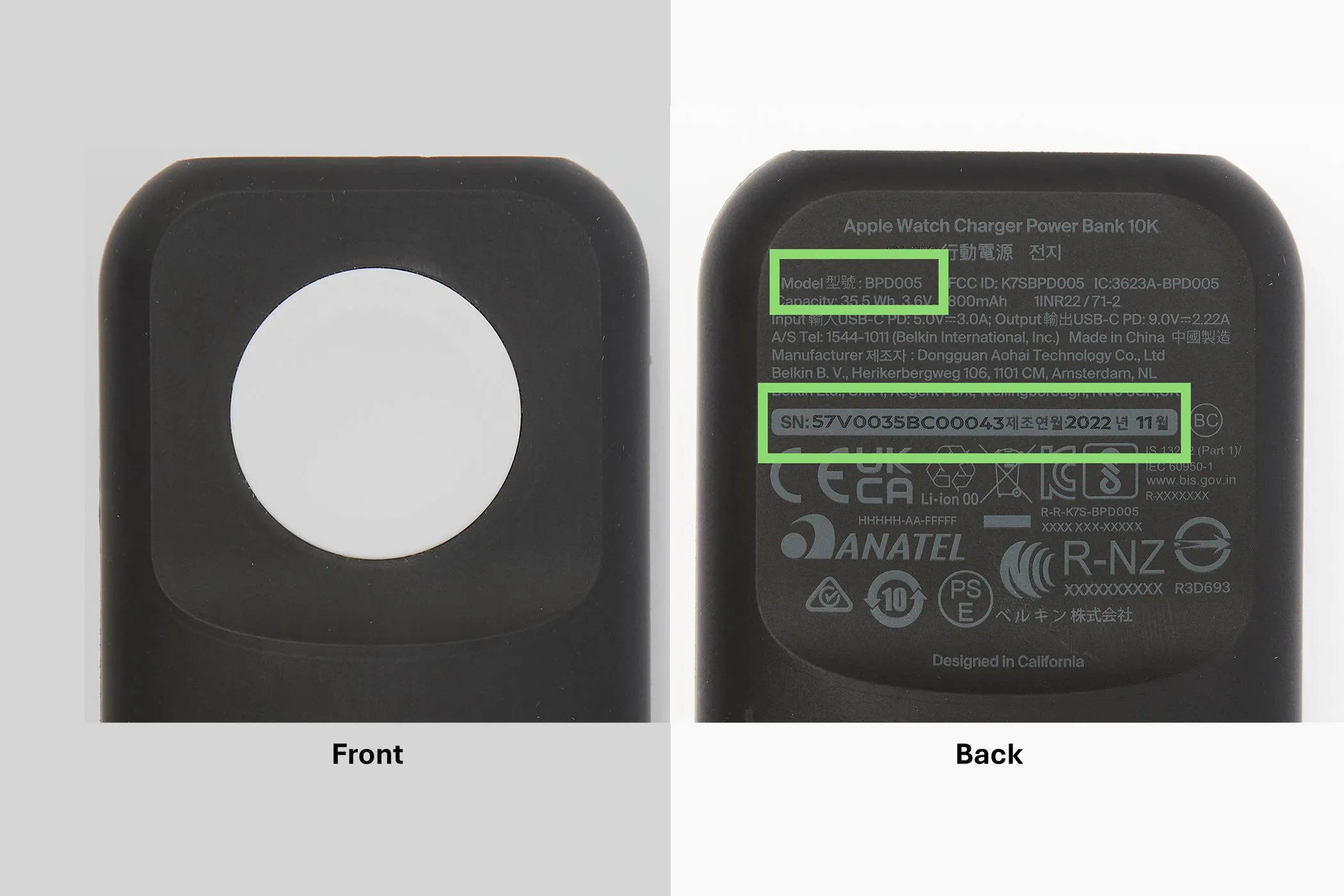 Hình ảnh sạc dự phòng Belkin BoostCharge Pro Fast Wireless Charger cho Apple Watch + Power Bank 10K, hiển thị mặt trước và sau với thông tin model BPD005.