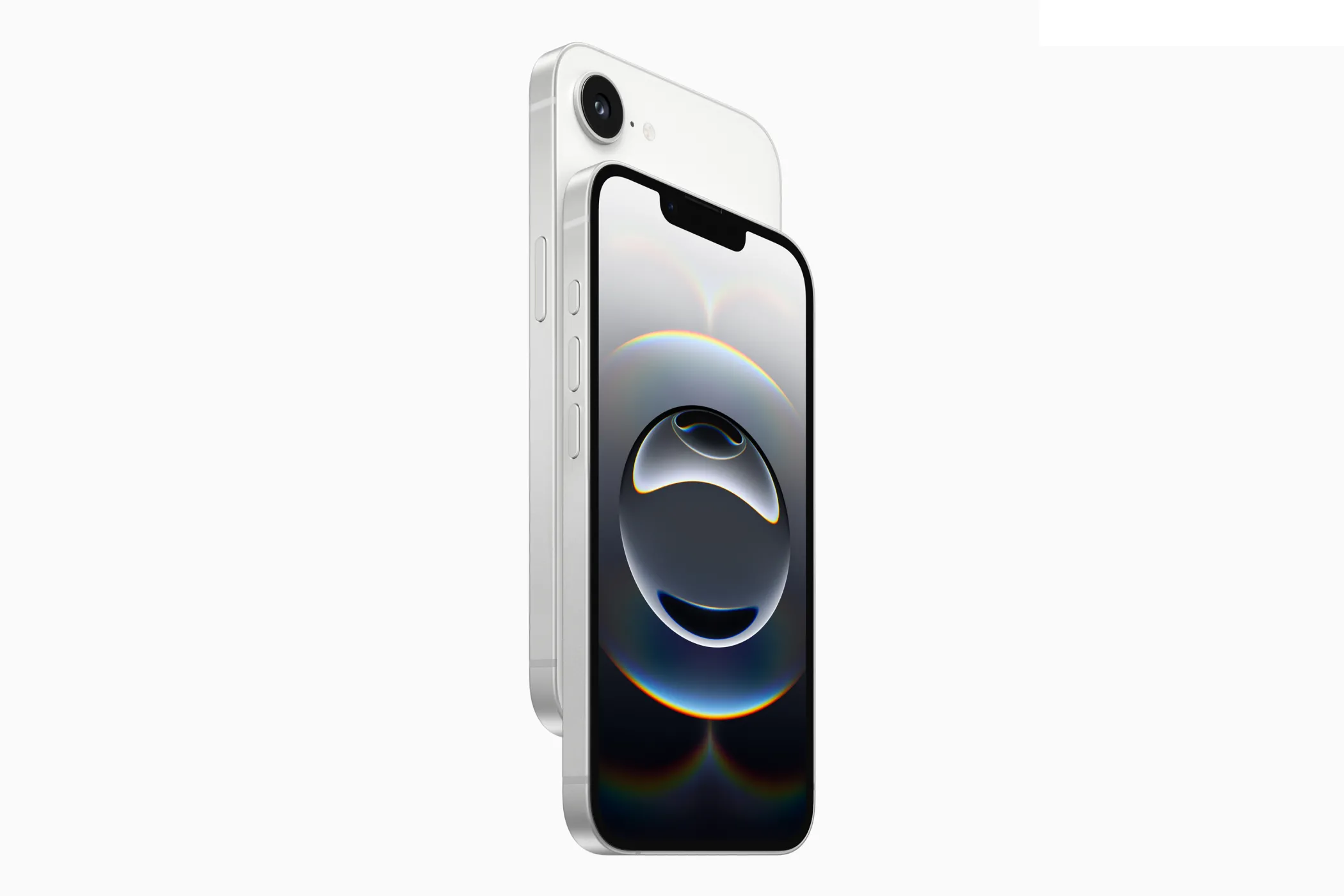 Hình ảnh sản phẩm iPhone 16e màu trắng hiển thị thiết kế màn hình tai thỏ quen thuộc.