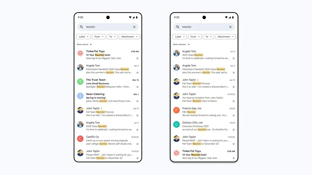 Hình ảnh so sánh kết quả tìm kiếm Gmail trước và sau khi áp dụng tính năng AI 'Most relevant'
