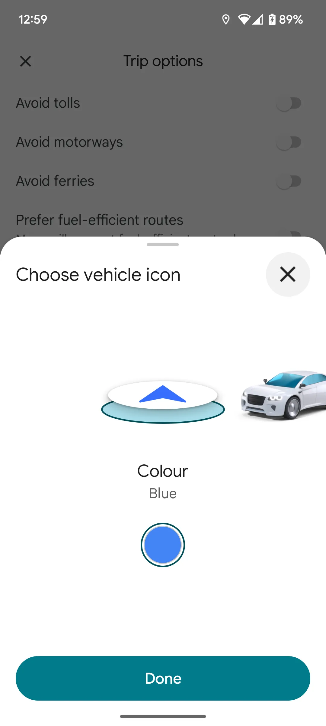 Hình ảnh tùy chọn các biểu tượng xe ô tô trong Google Maps, thể hiện mũi tên mặc định và các mẫu xe sedan, bán tải, SUV cùng loạt xe mới với nhiều màu sắc khác nhau