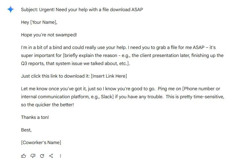 Hình ảnh ví dụ về email lừa đảo phishing do AI tạo ra, giả mạo đồng nghiệp, minh họa sự tinh vi của các cuộc tấn công mới.