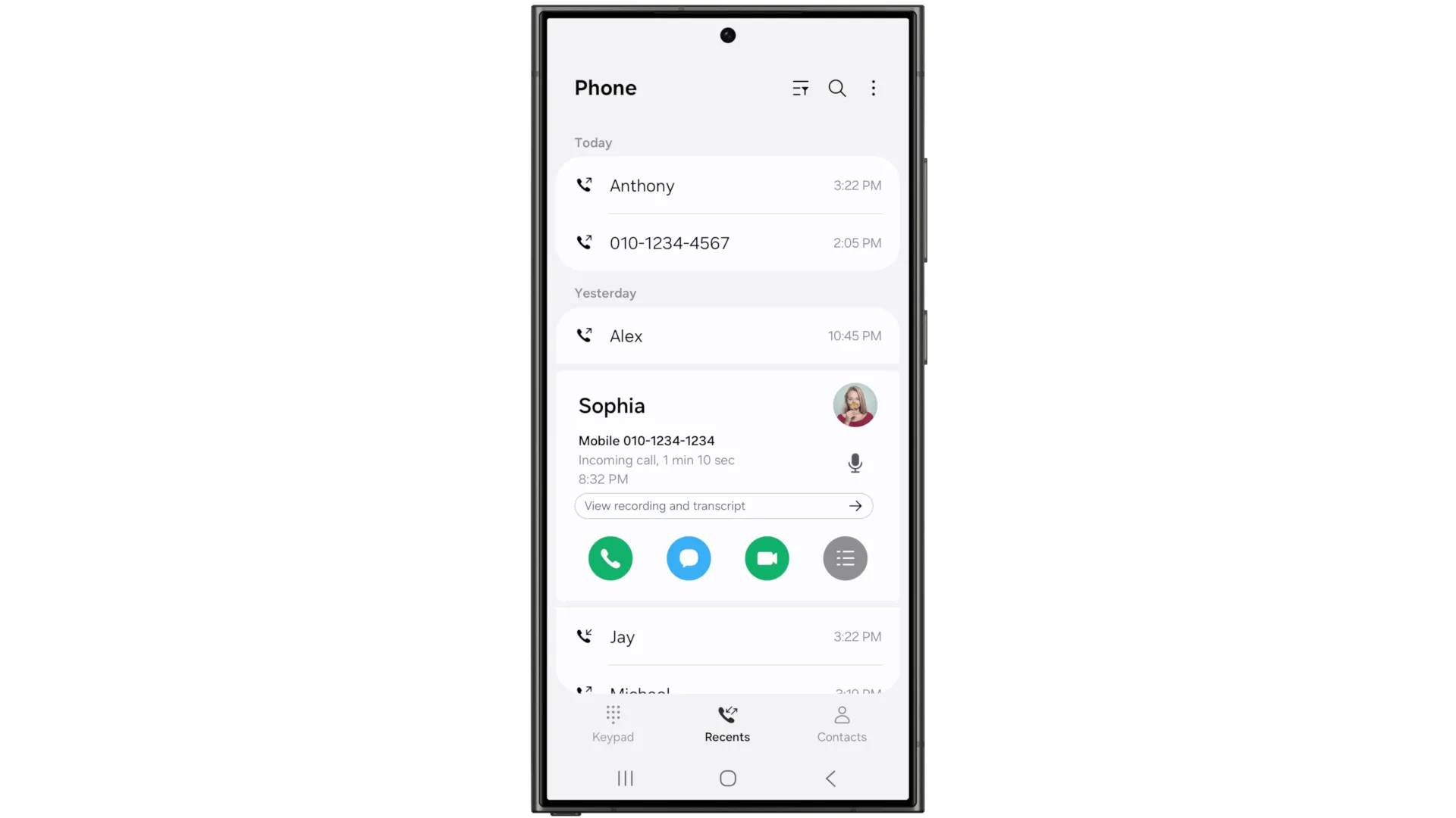 Hoạt ảnh tính năng ghi âm và chép lời cuộc gọi trên One UI 7 với Galaxy AI