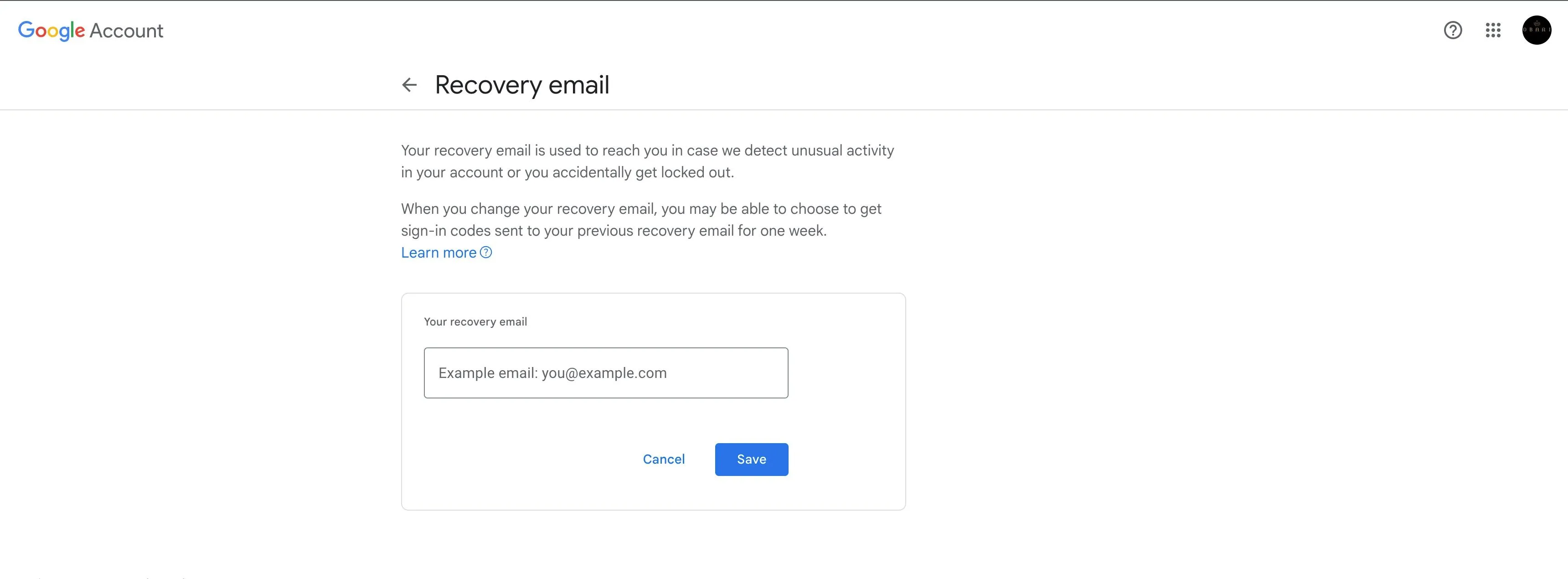 Hộp nhập địa chỉ email khôi phục trong giao diện tài khoản Google, minh họa tùy chọn phục hồi tài khoản