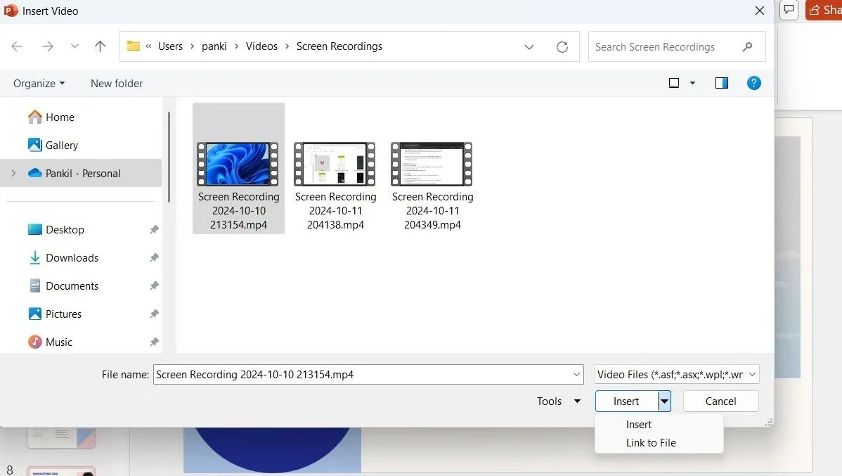 Hộp thoại chèn video trong PowerPoint cho phép lựa chọn nhúng hoặc liên kết