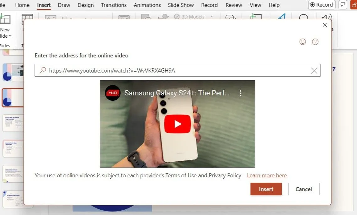 Hộp thoại chèn video trực tuyến trong PowerPoint hiển thị video YouTube với URL được dán sẵn