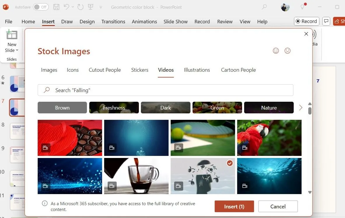 Hộp thoại Hình ảnh Stock trong PowerPoint hiển thị các video mẫu cùng nút Chèn