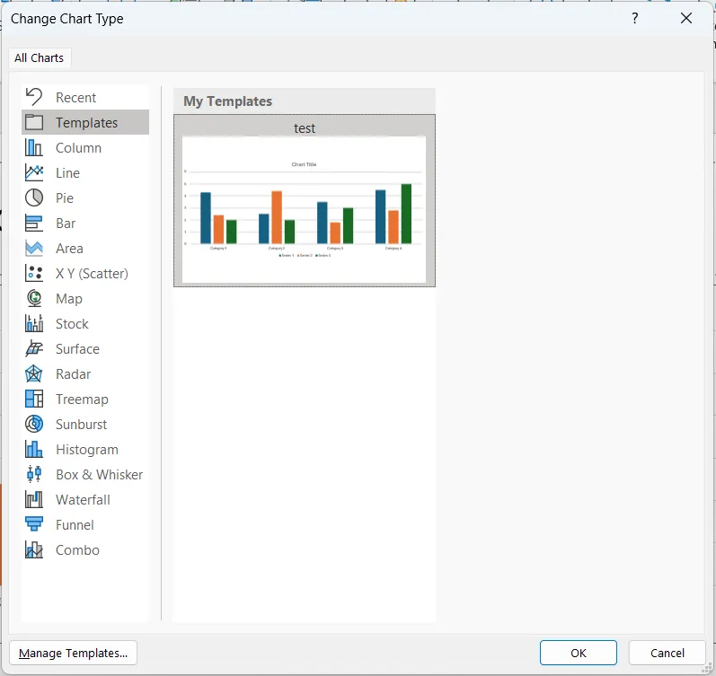 Hộp thoại Insert Chart (Chèn Biểu đồ) trong PowerPoint, với mục Templates (Mẫu) được chọn.