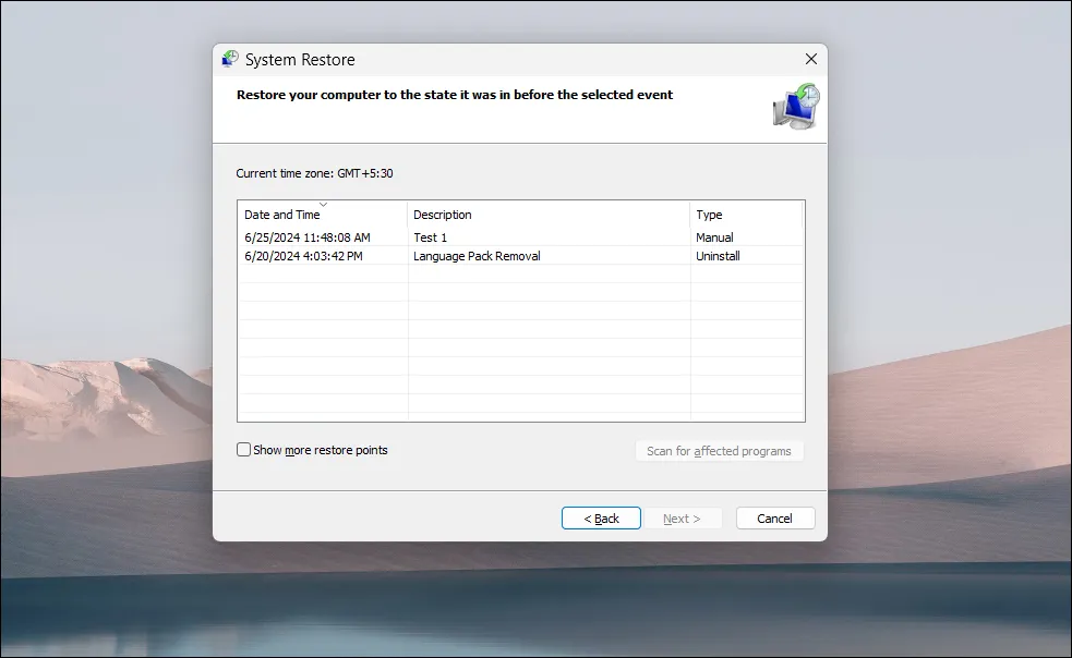 Hộp thoại Khôi phục Hệ thống hiển thị các điểm khôi phục khả dụng trong Windows 11