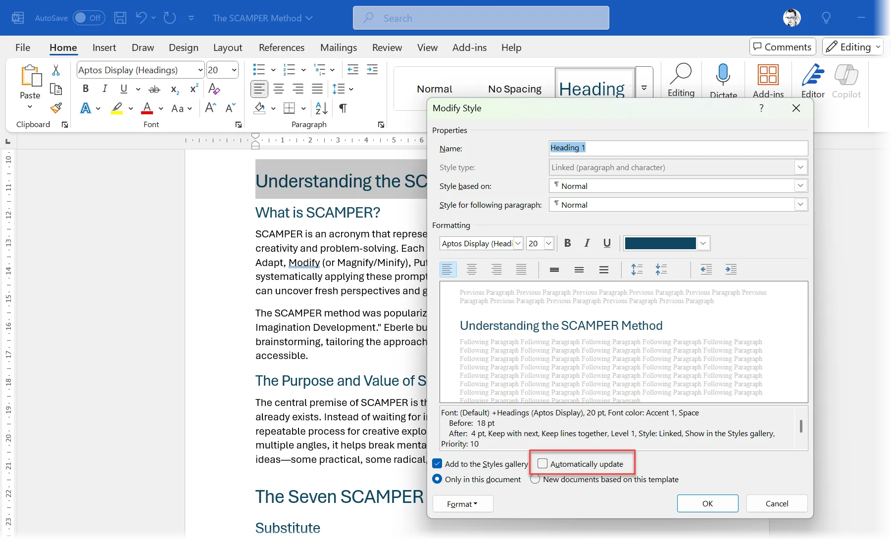 Hộp thoại Modify Style với tùy chọn Tự động cập nhật (Automatically update) trong Word
