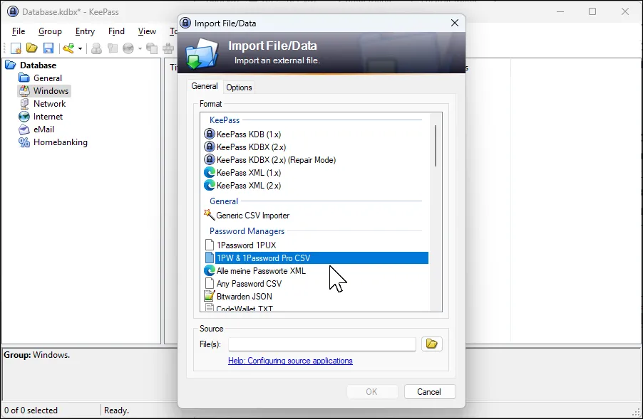 Hộp thoại nhập dữ liệu tệp KeePass cho 1Password