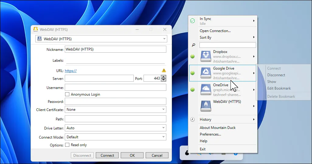 Hộp thoại 'Open Connection' của Mountain Duck trên Windows 11, cho phép người dùng cấu hình kết nối đám mây và chế độ đồng bộ