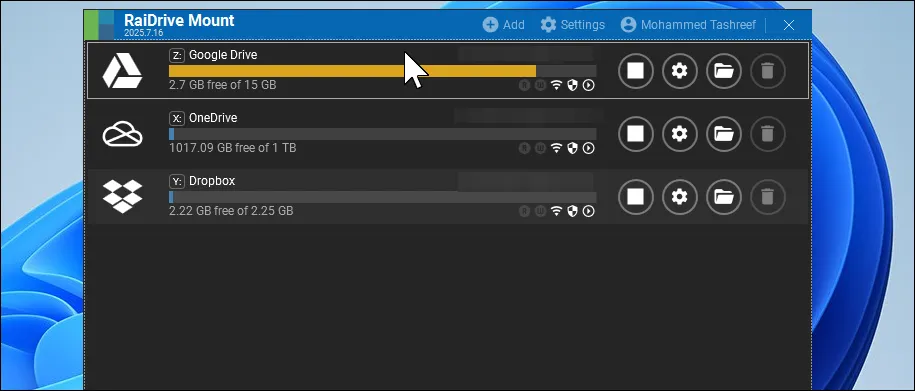 Hộp thoại RaiDrive hiển thị các ổ đĩa đám mây đã được gắn kết thành công trên Windows 11