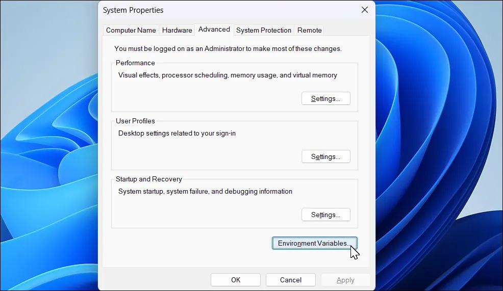 Hộp thoại System Properties trong Windows 11, chọn Environment Variables để thiết lập biến môi trường cho SDelete.