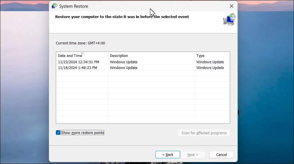 Hộp thoại System Restore Windows 11 hiển thị các điểm khôi phục hệ thống có sẵn