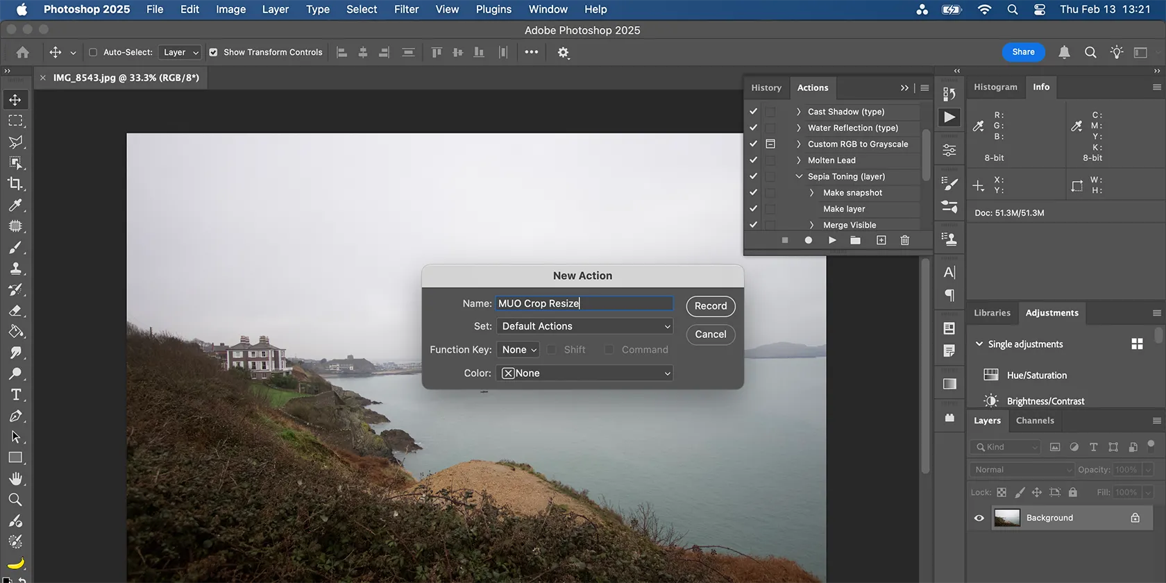Hộp thoại tạo Action mới trong Photoshop để bắt đầu ghi lại thao tác