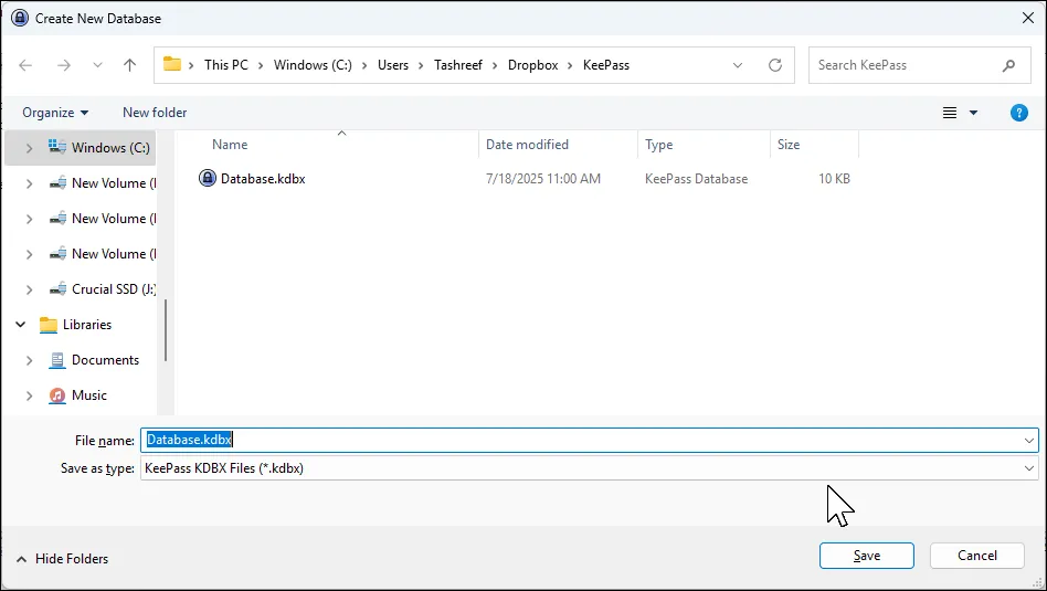 Hộp thoại tạo cơ sở dữ liệu mới trong KeePass và thiết lập đồng bộ Dropbox