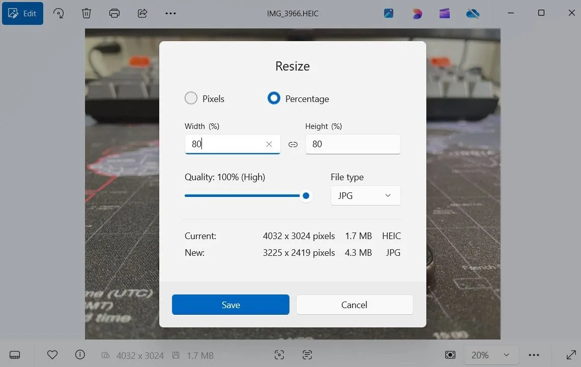 Hộp thoại thay đổi kích thước ảnh trong ứng dụng Photos trên Windows 11