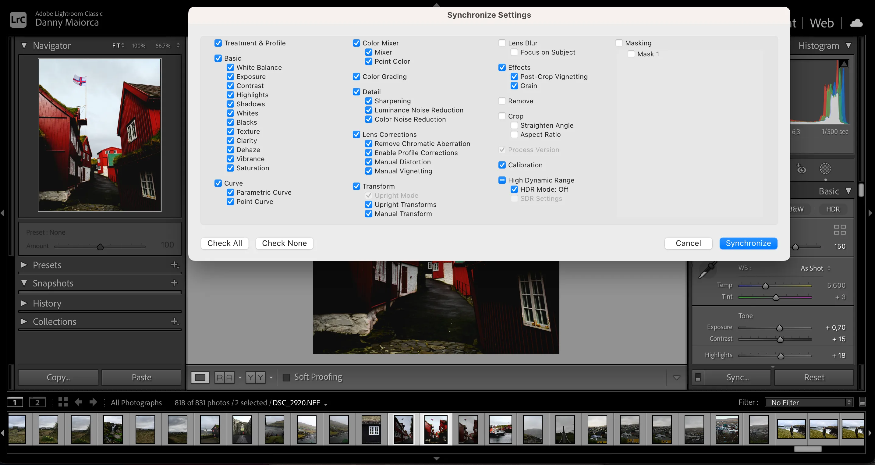 Hộp thoại tính năng đồng bộ hóa cài đặt trong Adobe Lightroom để chỉnh sửa ảnh hàng loạt