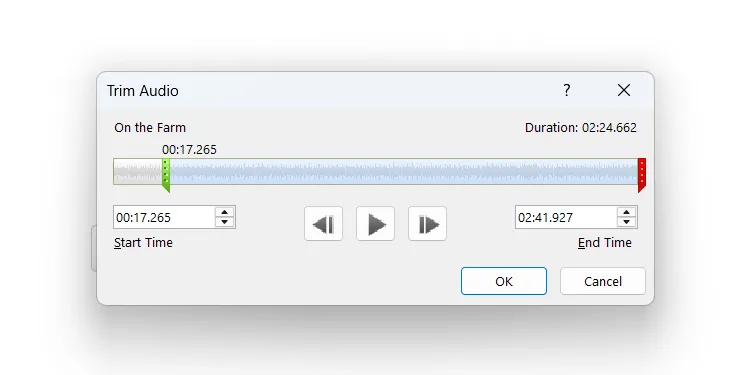 Hộp thoại Trim Audio (Cắt Âm thanh) trong PowerPoint, cho phép điều chỉnh thời lượng đoạn âm thanh.