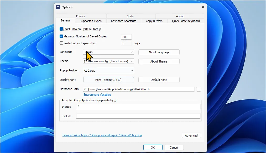 Hộp thoại tùy chọn của Ditto Clipboard Manager trên Windows 11, hiển thị cài đặt lịch sử clipboard và phím tắt.