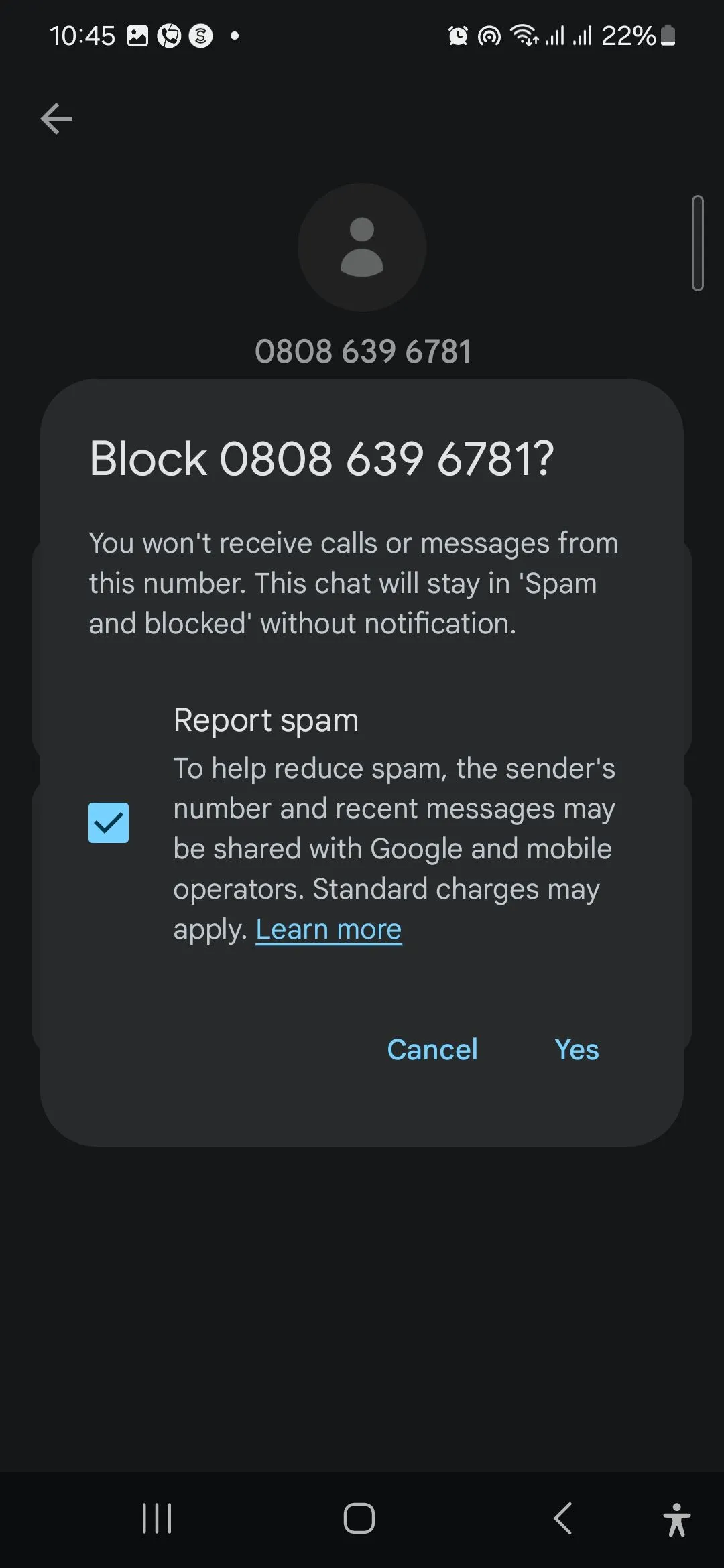 Hộp thoại xác nhận chặn và báo cáo số điện thoại spam trên ứng dụng tin nhắn