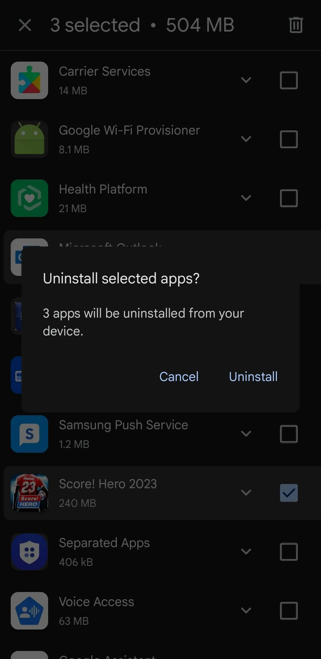 Hộp thoại xác nhận gỡ bỏ ứng dụng trên Google Play Store Samsung