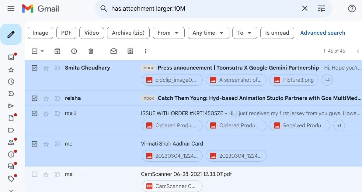 Hộp thư Gmail với kết quả tìm kiếm email có tệp đính kèm lớn, minh họa cách dọn dẹp dung lượng Gmail