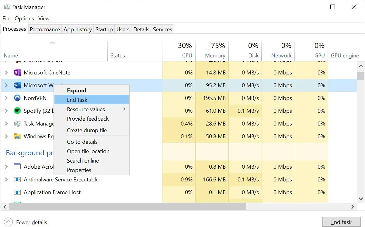 Hướng dẫn kết thúc tác vụ trong Trình quản lý Tác vụ của Windows 10 để giải phóng file bị khóa.