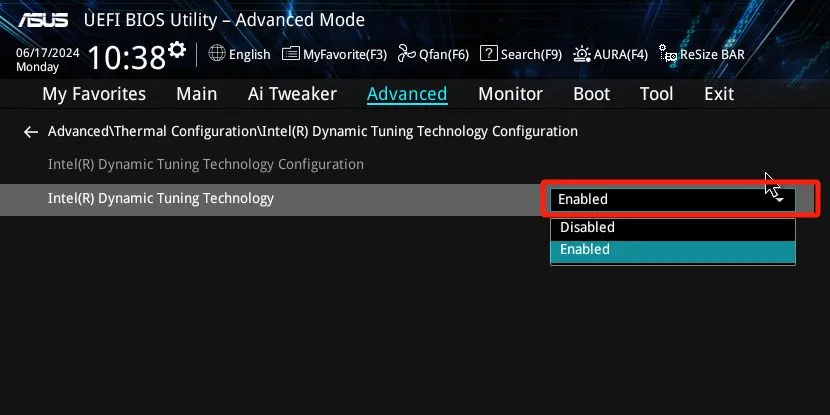 Hướng dẫn kích hoạt Intel Dynamic Tuning Technology (DTT) trong giao diện BIOS của mainboard ASUS