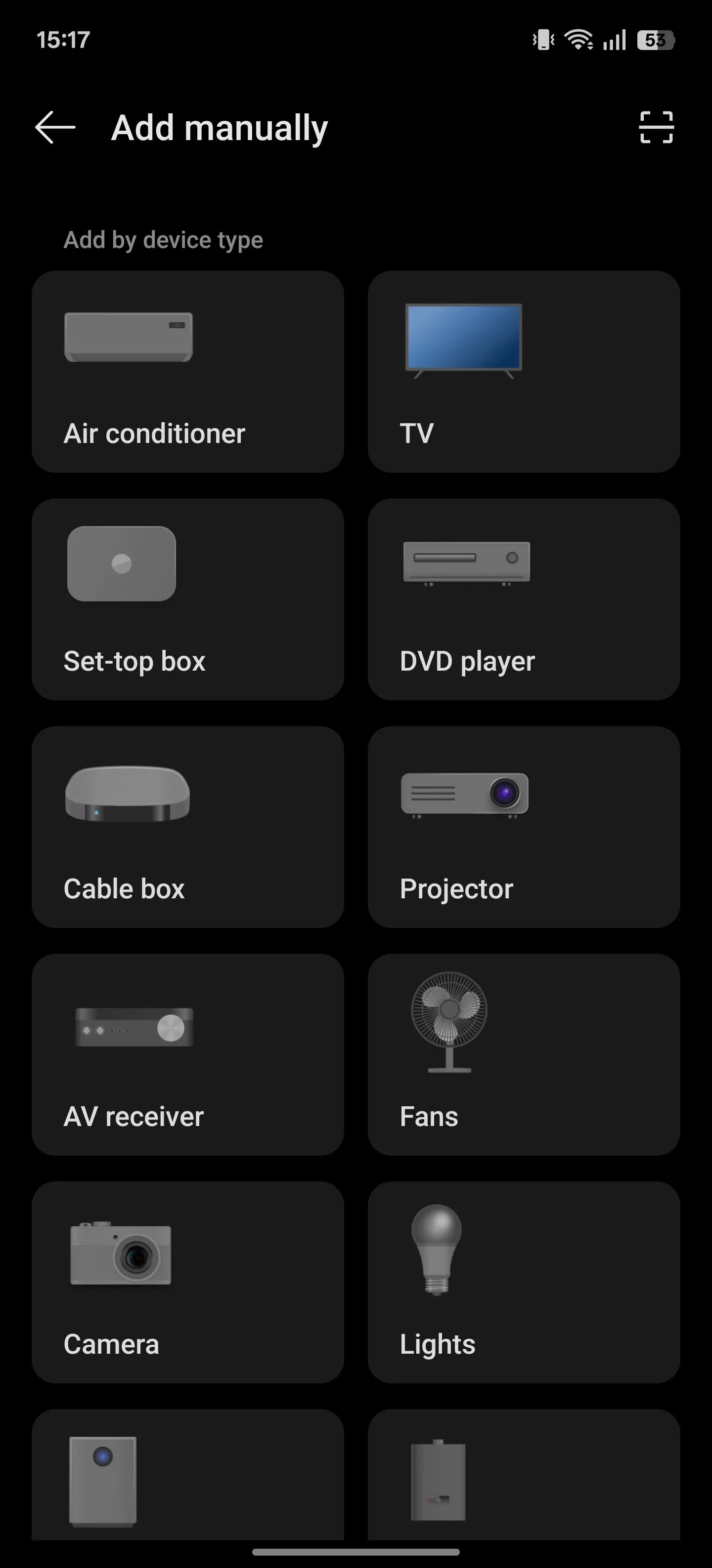 Hướng dẫn sử dụng IR Blaster: Giao diện chọn loại thiết bị trong ứng dụng IR Remote trên điện thoại OnePlus