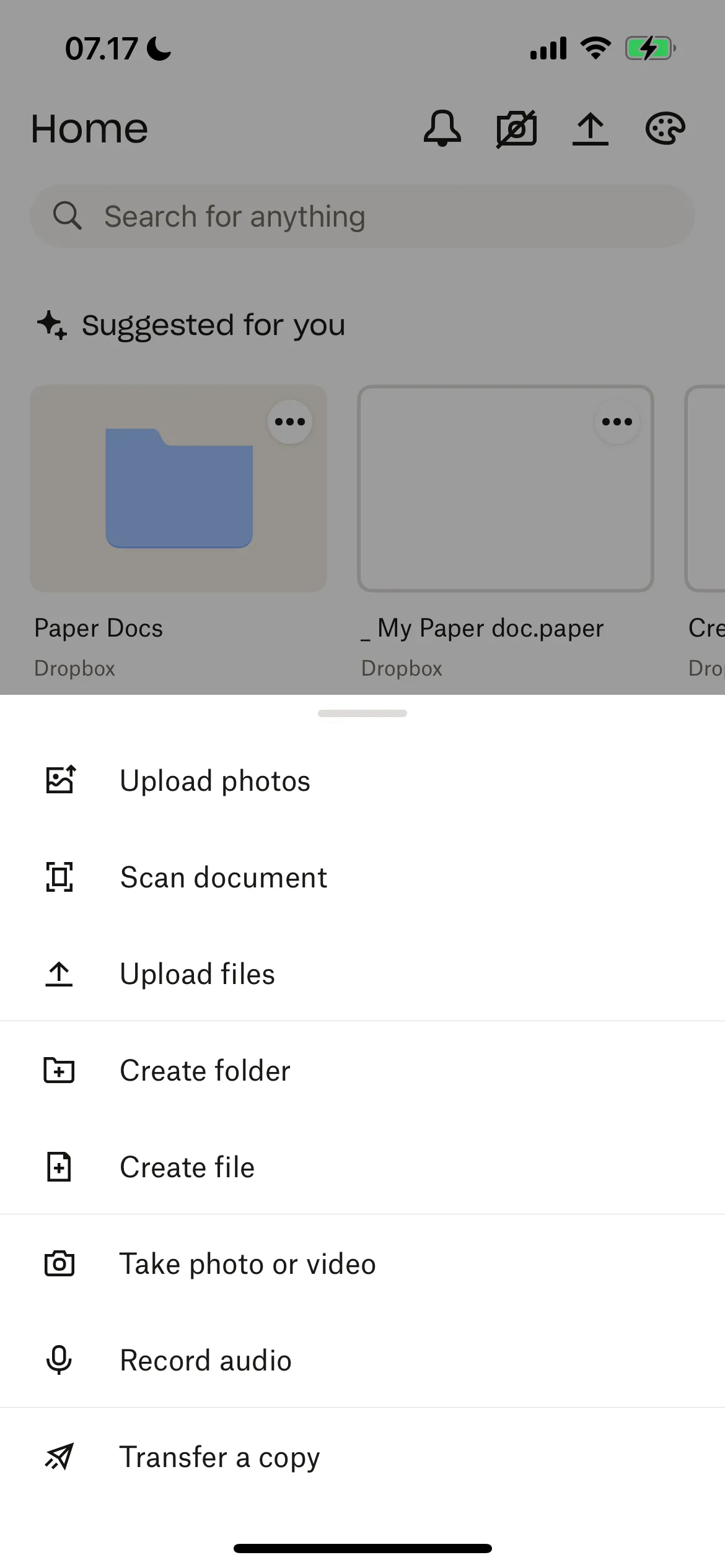 Hướng dẫn tạo tài liệu mới trong ứng dụng Dropbox, bao gồm tùy chọn Paper