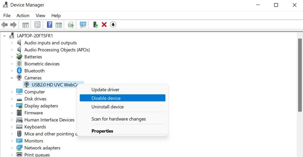 Hướng dẫn vô hiệu hóa webcam trong Device Manager trên hệ điều hành Windows để tăng cường bảo mật