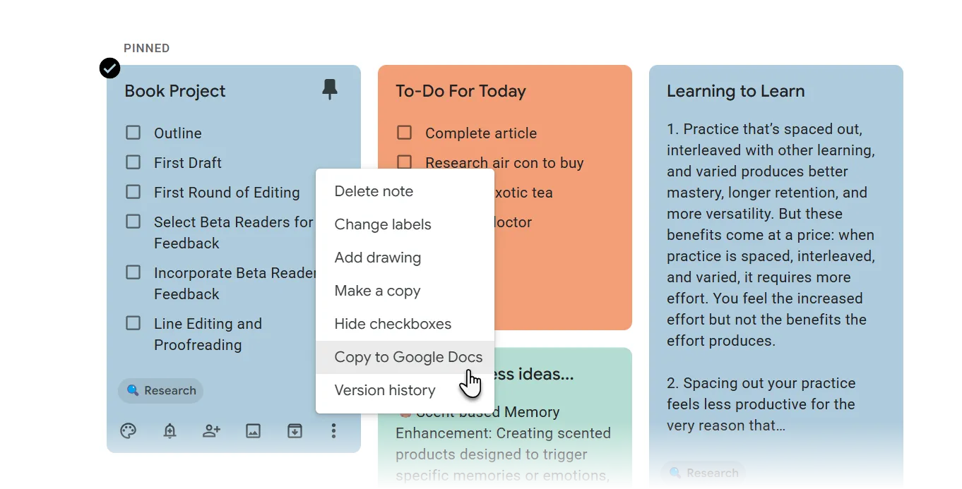 Kéo thả ghi chú từ Google Keep sang Google Docs thông qua bảng điều khiển bên, giúp chuyển đổi ghi chú nhanh thành nội dung chi tiết.