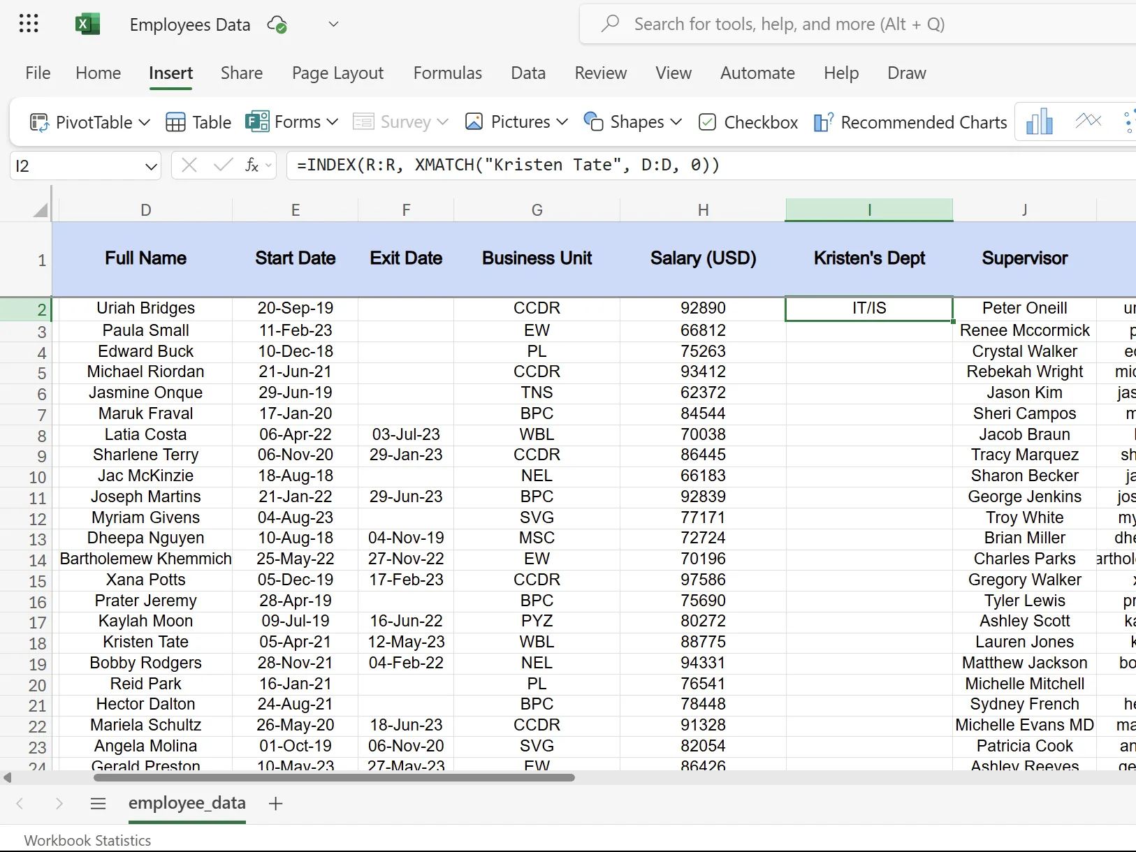 Kết hợp INDEX và XMATCH trong Excel để tìm phòng ban của Kristen Tate