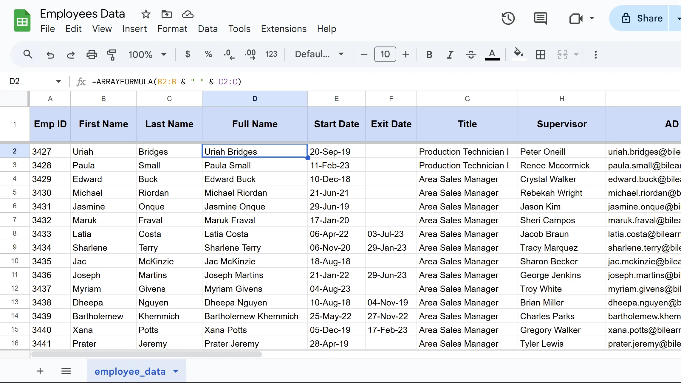 Kết quả của hàm ARRAYFORMULA khi áp dụng công thức cho toàn bộ cột trong Google Sheets