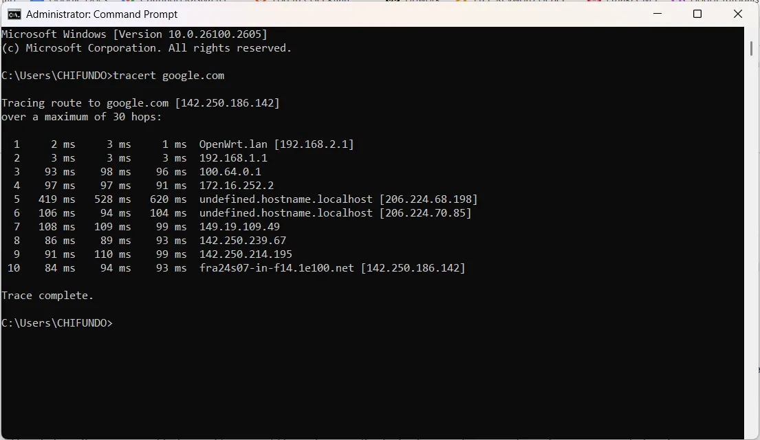 Kết quả của lệnh tracert google.com hiển thị đường đi của gói dữ liệu đến máy chủ Google
