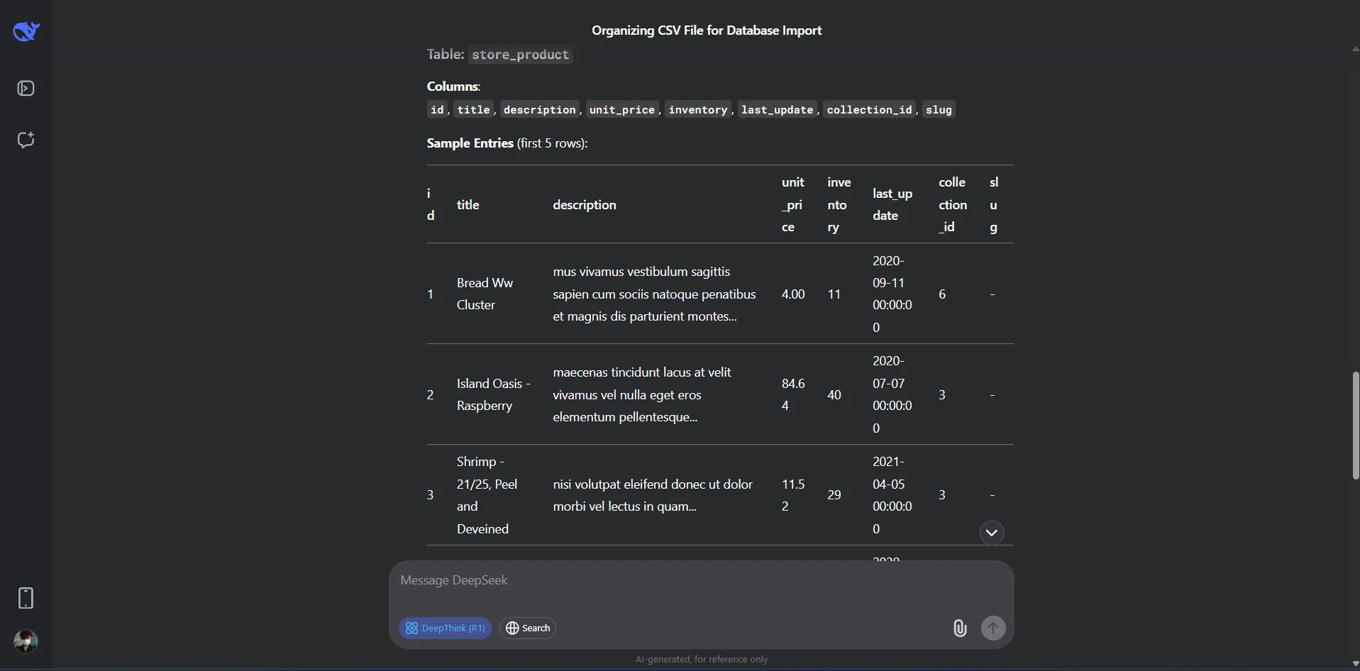 Kết quả DeepSeek tổ chức dữ liệu cấu trúc thành bảng