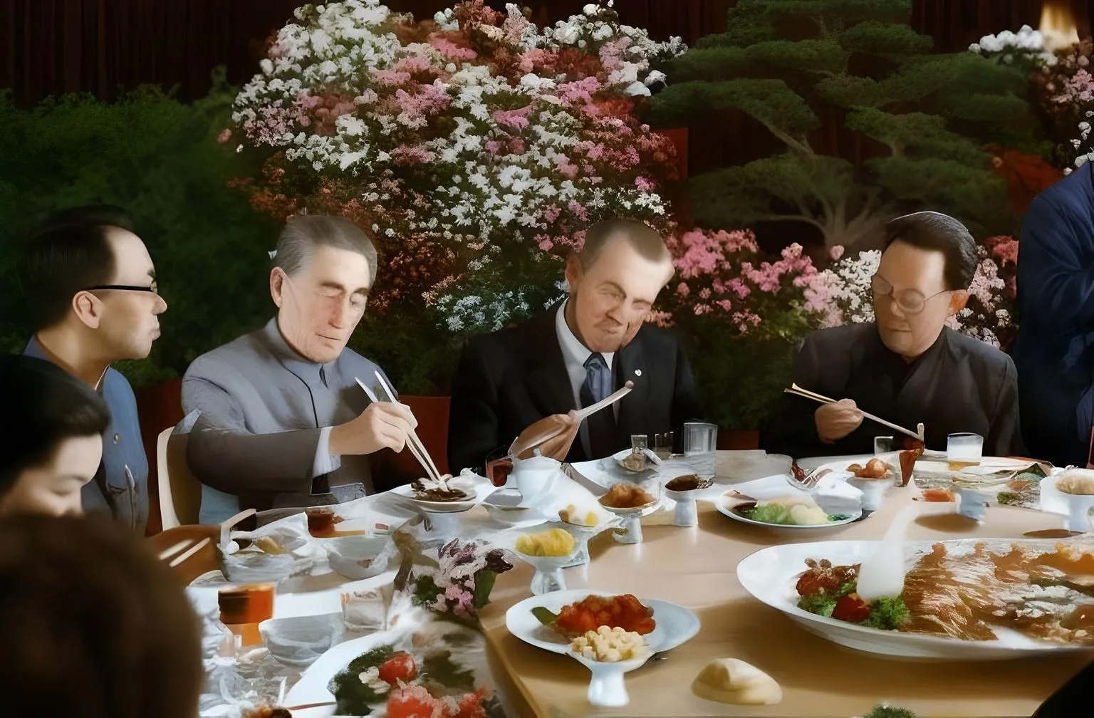 Kết quả Fotor AI từ chế độ image-to-image mô tả người đàn ông giống Nixon ăn tối cùng quan chức Trung Quốc, khuôn mặt bị biến dạng.