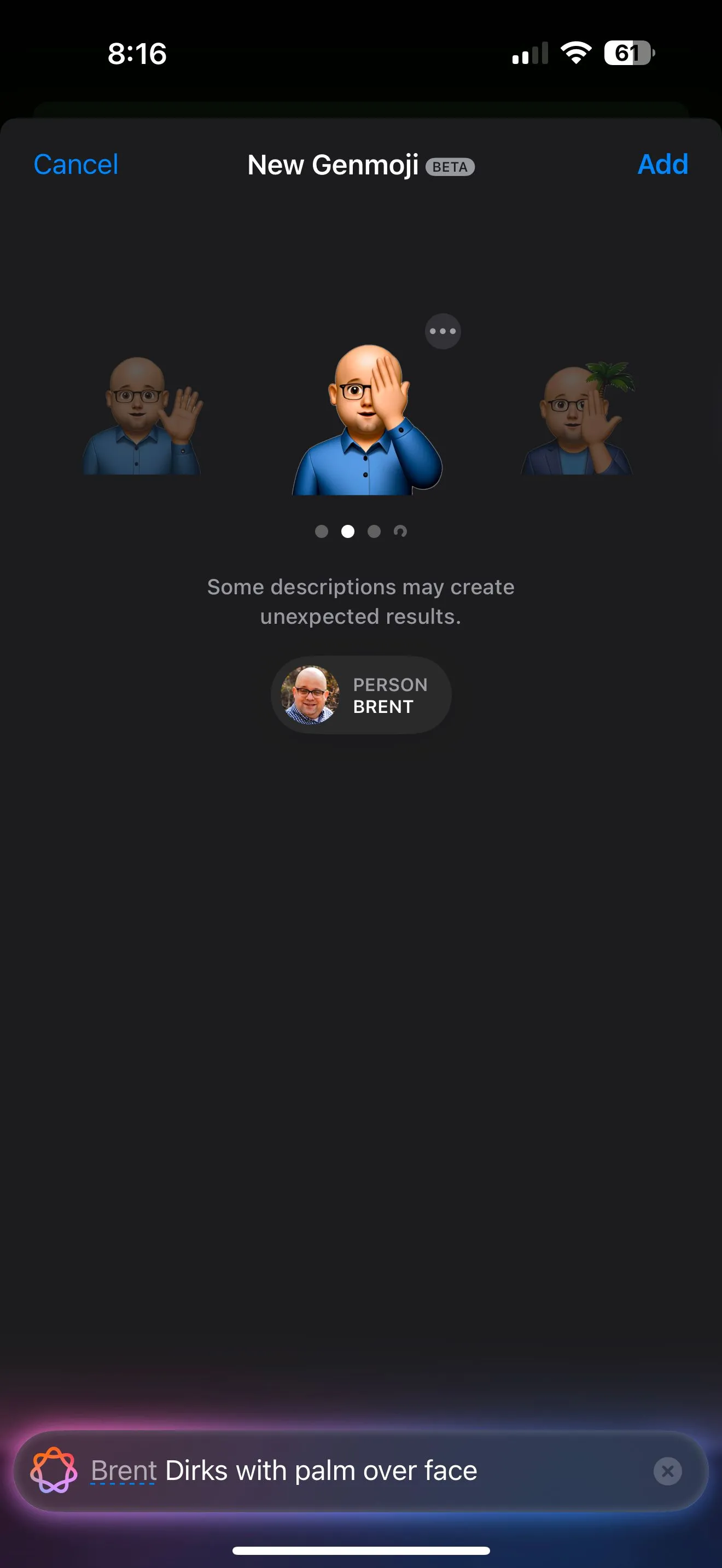 Kết quả Genmoji biểu cảm mặt ngán ngẩm (facepalm) cá nhân hóa