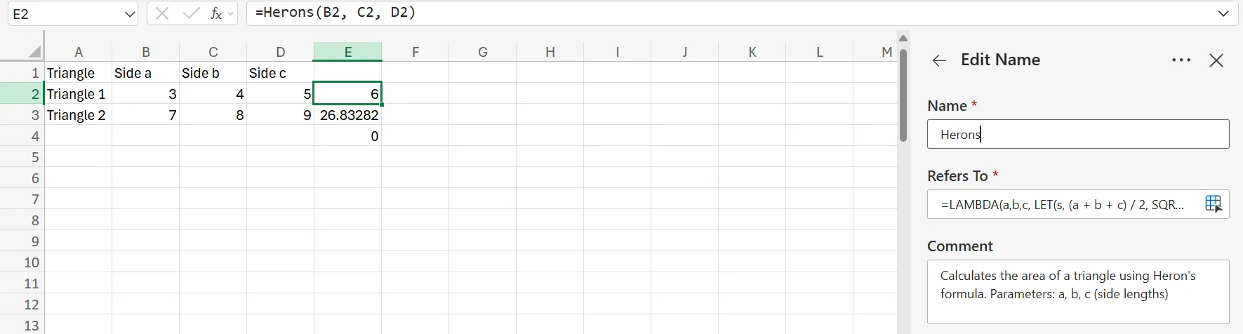 Kết quả hàm LAMBDA kết hợp LET tính diện tích tam giác bằng công thức Heron trong Excel